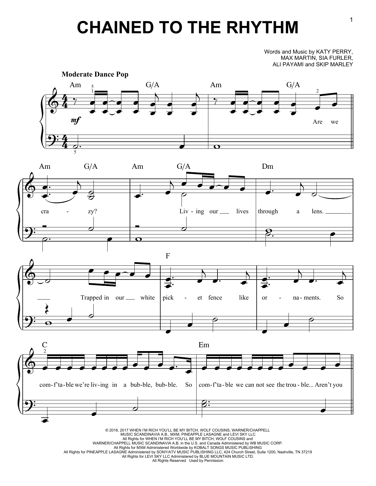 Preview Katy Perry Chained To The Rhythm Rock sheet music, notes and chords for Easy ...