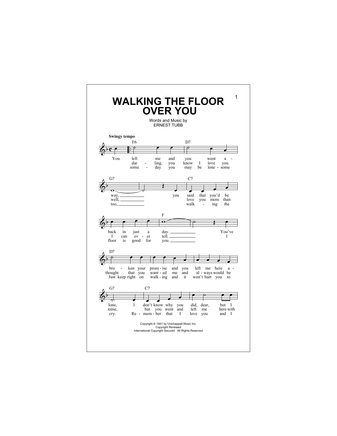 Ernest Tubb Walking The Floor Over You Sheet Music Notes Chords