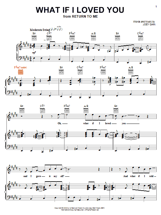 Preview Joey Gian What If I Loved You (from Return To Me) Film and TV sheet music, notes and chords for Piano, Vocal & Guitar (Right-Hand Melody), SKU: 19476 sheet music, piano notes, chords, guitar tabs, score, transpose, transcribe, how to play, guide, download, learn, tutorial, progression, song, artist, awards, billboard, mtv, vh1, tour, single, album, release