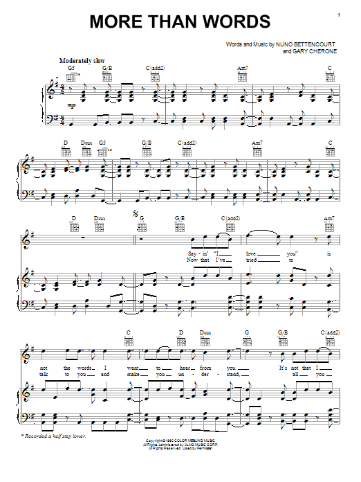 Preview Extreme More Than Words Metal sheet music, notes and chords for Piano, Vocal & Guitar (Right-Hand Melody), SKU: 19491 sheet music, piano notes, chords, guitar tabs, score, transpose, transcribe, how to play, guide, download, learn, tutorial, progression, song, artist, awards, billboard, mtv, vh1, tour, single, album, release