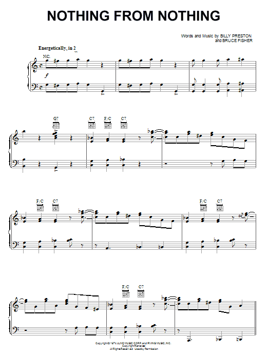 Preview Billy Preston Nothing From Nothing Pop sheet music, notes and chords for Piano, Vocal & Guitar (Right-Hand Melody), SKU: 19492 sheet music, piano notes, chords, guitar tabs, score, transpose, transcribe, how to play, guide, download, learn, tutorial, progression, song, artist, awards, billboard, mtv, vh1, tour, single, album, release