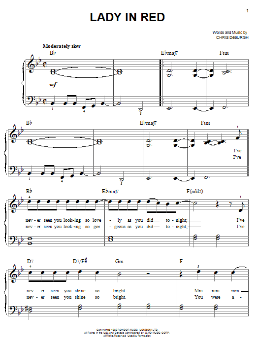 Preview Chris de Burgh The Lady In Red Pop sheet music, notes and chords for Easy Piano, SKU: 19497 sheet music, piano notes, chords, guitar tabs, score, transpose, transcribe, how to play, guide, download, learn, tutorial, progression, song, artist, awards, billboard, mtv, vh1, tour, single, album, release