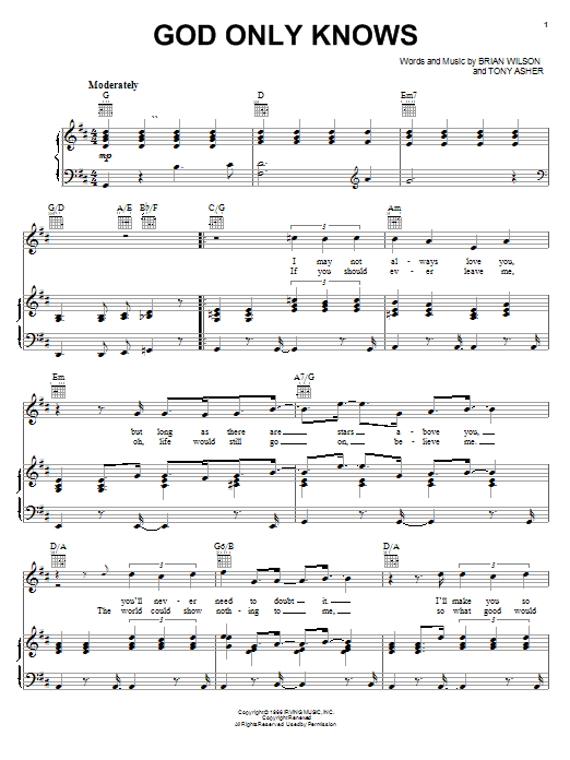 Preview The Beach Boys God Only Knows Rock sheet music, notes and chords for Piano, Vocal & Guitar (Right-Hand Melody), SKU: 19522 sheet music, piano notes, chords, guitar tabs, score, transpose, transcribe, how to play, guide, download, learn, tutorial, progression, song, artist, awards, billboard, mtv, vh1, tour, single, album, release
