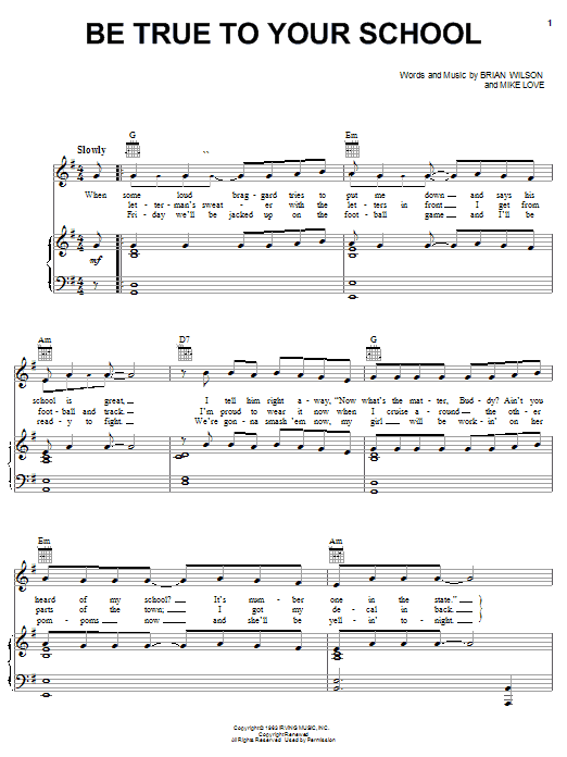 Preview The Beach Boys Be True To Your School Pop sheet music, notes and chords for Piano, Vocal & Guitar (Right-Hand Melody), SKU: 19539 sheet music, piano notes, chords, guitar tabs, score, transpose, transcribe, how to play, guide, download, learn, tutorial, progression, song, artist, awards, billboard, mtv, vh1, tour, single, album, release