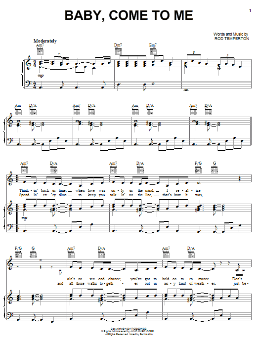 Preview Patti Austin with James Ingram Baby, Come To Me Jazz sheet music, notes and chords for Piano, Vocal & Guitar (Right-Hand Melody), SKU: 19542 sheet music, piano notes, chords, guitar tabs, score, transpose, transcribe, how to play, guide, download, learn, tutorial, progression, song, artist, awards, billboard, mtv, vh1, tour, single, album, release