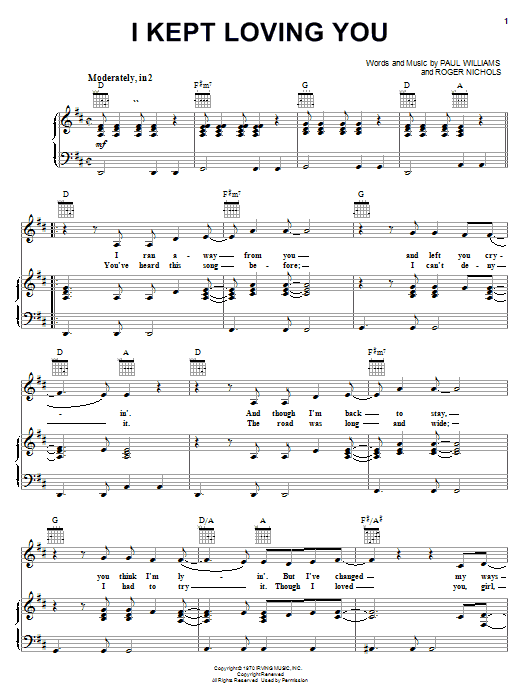 Preview Carpenters I Kept Loving You Pop sheet music, notes and chords for Piano, Vocal & Guitar (Right-Hand Melody), SKU: 19560 sheet music, piano notes, chords, guitar tabs, score, transpose, transcribe, how to play, guide, download, learn, tutorial, progression, song, artist, awards, billboard, mtv, vh1, tour, single, album, release