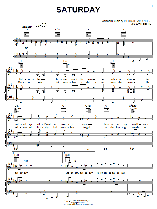 Preview Carpenters Saturday Pop sheet music, notes and chords for Piano, Vocal & Guitar (Right-Hand Melody), SKU: 19561 sheet music, piano notes, chords, guitar tabs, score, transpose, transcribe, how to play, guide, download, learn, tutorial, progression, song, artist, awards, billboard, mtv, vh1, tour, single, album, release