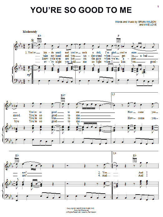 Preview The Beach Boys You're So Good To Me Rock sheet music, notes and chords for Piano, Vocal & Guitar (Right-Hand Melody), SKU: 19565 sheet music, piano notes, chords, guitar tabs, score, transpose, transcribe, how to play, guide, download, learn, tutorial, progression, song, artist, awards, billboard, mtv, vh1, tour, single, album, release