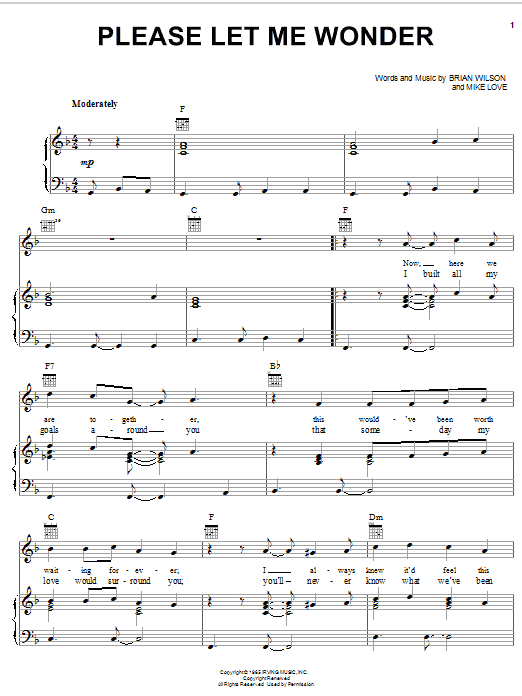 Preview The Beach Boys Please Let Me Wonder Rock sheet music, notes and chords for Piano, Vocal & Guitar (Right-Hand Melody), SKU: 19570 sheet music, piano notes, chords, guitar tabs, score, transpose, transcribe, how to play, guide, download, learn, tutorial, progression, song, artist, awards, billboard, mtv, vh1, tour, single, album, release