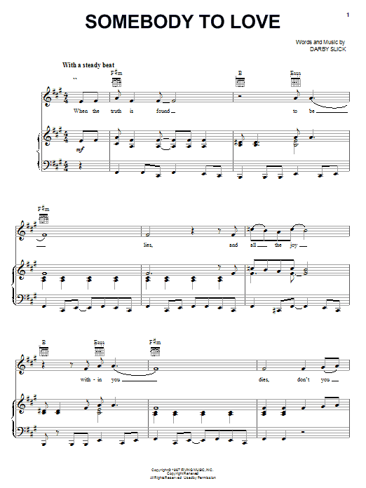Preview Jefferson Airplane Somebody To Love Pop sheet music, notes and chords for Piano, Vocal & Guitar (Right-Hand Melody), SKU: 19576 sheet music, piano notes, chords, guitar tabs, score, transpose, transcribe, how to play, guide, download, learn, tutorial, progression, song, artist, awards, billboard, mtv, vh1, tour, single, album, release