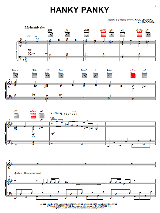 Preview Madonna Hanky Panky Pop sheet music, notes and chords for Piano, Vocal & Guitar (Right-Hand Melody), SKU: 19616 sheet music, piano notes, chords, guitar tabs, score, transpose, transcribe, how to play, guide, download, learn, tutorial, progression, song, artist, awards, billboard, mtv, vh1, tour, single, album, release