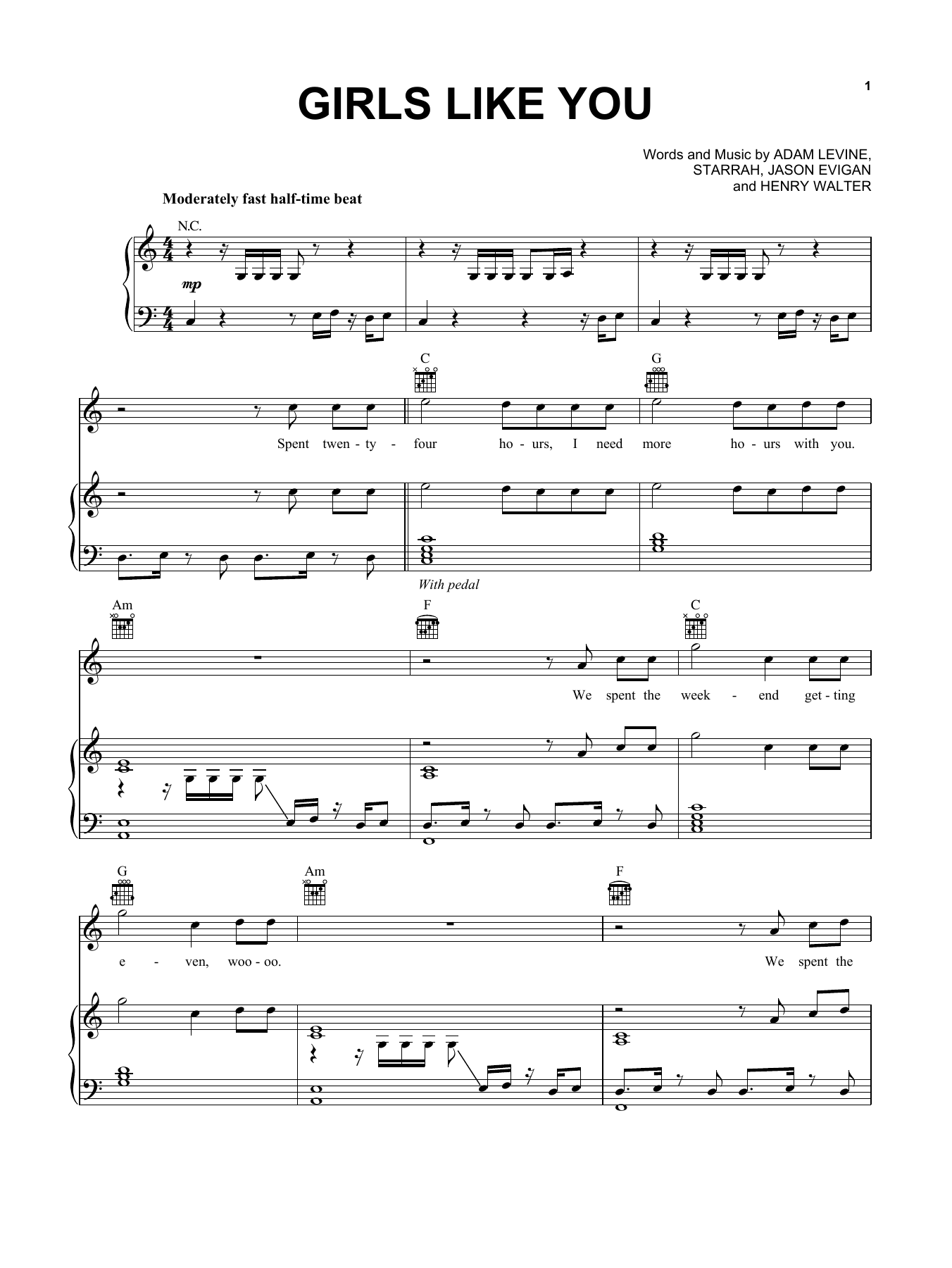 Maroon 5 Girls Like You Sheet Music Notes, Chords ...