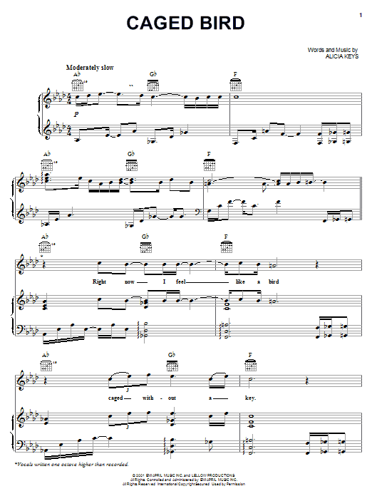 Preview Alicia Keys Caged Bird Pop sheet music, notes and chords for Piano, Vocal & Guitar (Right-Hand Melody), SKU: 19621 sheet music, piano notes, chords, guitar tabs, score, transpose, transcribe, how to play, guide, download, learn, tutorial, progression, song, artist, awards, billboard, mtv, vh1, tour, single, album, release