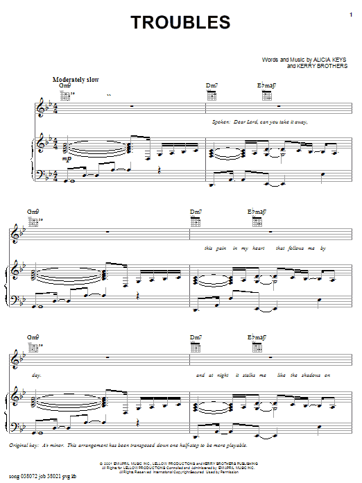 Preview Alicia Keys Troubles Pop sheet music, notes and chords for Piano, Vocal & Guitar (Right-Hand Melody), SKU: 19626 sheet music, piano notes, chords, guitar tabs, score, transpose, transcribe, how to play, guide, download, learn, tutorial, progression, song, artist, awards, billboard, mtv, vh1, tour, single, album, release