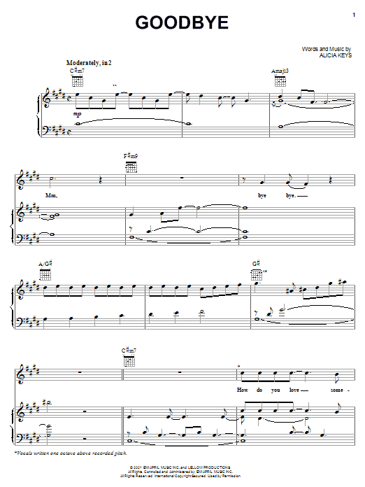Preview Alicia Keys Goodbye Pop sheet music, notes and chords for Piano, Vocal & Guitar (Right-Hand Melody), SKU: 19627 sheet music, piano notes, chords, guitar tabs, score, transpose, transcribe, how to play, guide, download, learn, tutorial, progression, song, artist, awards, billboard, mtv, vh1, tour, single, album, release