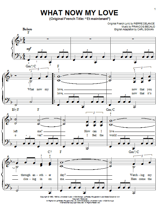 Preview Gilbert Becaud What Now My Love Jazz sheet music, notes and chords for Easy Piano, SKU: 19649 sheet music, piano notes, chords, guitar tabs, score, transpose, transcribe, how to play, guide, download, learn, tutorial, progression, song, artist, awards, billboard, mtv, vh1, tour, single, album, release