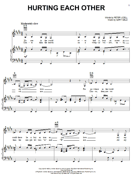 Preview Carpenters Hurting Each Other Pop sheet music, notes and chords for Piano, Vocal & Guitar (Right-Hand Melody), SKU: 19653 sheet music, piano notes, chords, guitar tabs, score, transpose, transcribe, how to play, guide, download, learn, tutorial, progression, song, artist, awards, billboard, mtv, vh1, tour, single, album, release