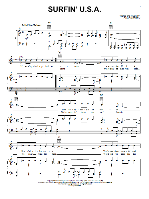 Preview The Beach Boys Surfin' U.S.A. Pop sheet music, notes and chords for Piano, Vocal & Guitar (Right-Hand Melody), SKU: 19662 sheet music, piano notes, chords, guitar tabs, score, transpose, transcribe, how to play, guide, download, learn, tutorial, progression, song, artist, awards, billboard, mtv, vh1, tour, single, album, release