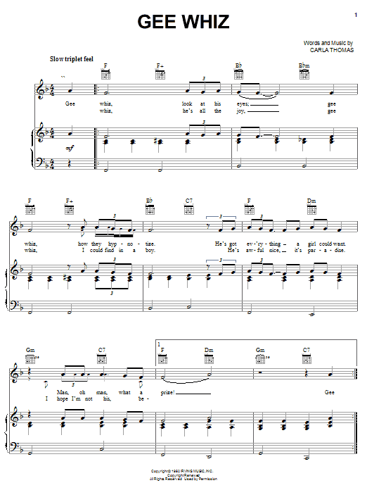 Preview Carla Thomas Gee Whiz Pop sheet music, notes and chords for Piano, Vocal & Guitar (Right-Hand Melody), SKU: 19664 sheet music, piano notes, chords, guitar tabs, score, transpose, transcribe, how to play, guide, download, learn, tutorial, progression, song, artist, awards, billboard, mtv, vh1, tour, single, album, release