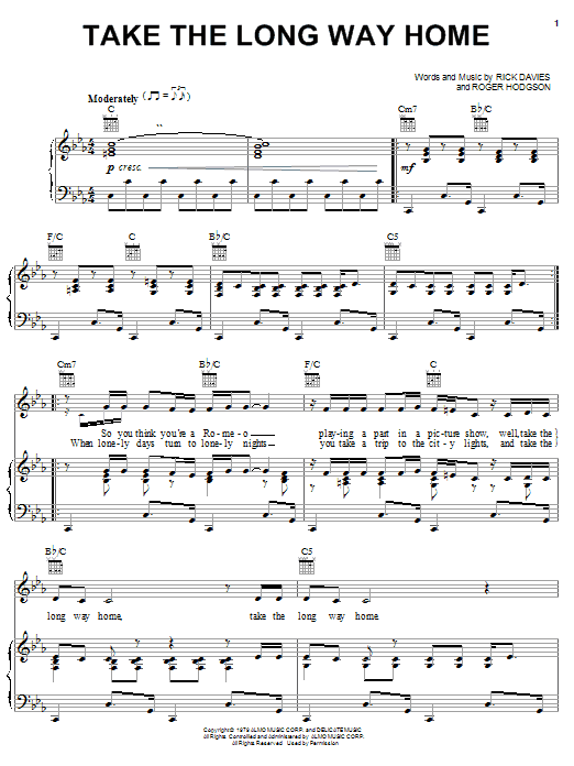 Preview Supertramp Take The Long Way Home Rock sheet music, notes and chords for Piano, Vocal & Guitar (Right-Hand Melody), SKU: 19677 sheet music, piano notes, chords, guitar tabs, score, transpose, transcribe, how to play, guide, download, learn, tutorial, progression, song, artist, awards, billboard, mtv, vh1, tour, single, album, release