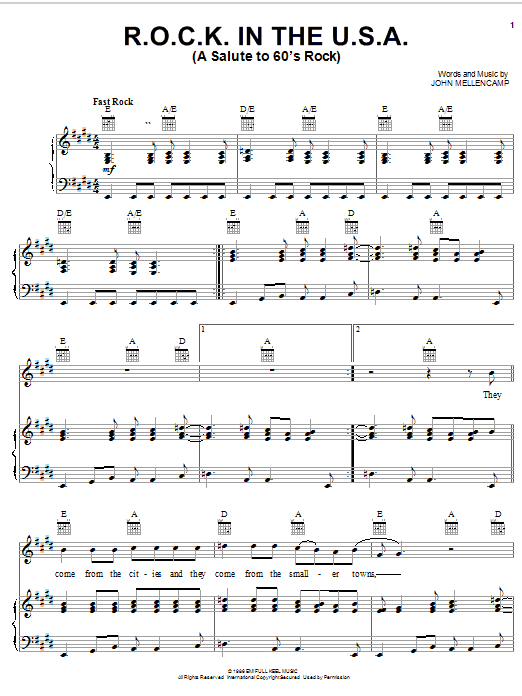 Preview John Mellencamp R.O.C.K. In The U.S.A. (A Salute To 60's Rock) Rock sheet music, notes and chords for Piano, Vocal & Guitar (Right-Hand Melody), SKU: 19685 sheet music, piano notes, chords, guitar tabs, score, transpose, transcribe, how to play, guide, download, learn, tutorial, progression, song, artist, awards, billboard, mtv, vh1, tour, single, album, release