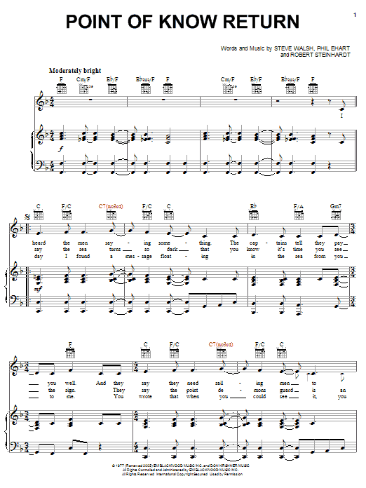 Preview Kansas Point Of Know Return Pop sheet music, notes and chords for Piano, Vocal & Guitar (Right-Hand Melody), SKU: 19688 sheet music, piano notes, chords, guitar tabs, score, transpose, transcribe, how to play, guide, download, learn, tutorial, progression, song, artist, awards, billboard, mtv, vh1, tour, single, album, release
