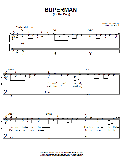 Preview Five For Fighting Superman (It's Not Easy) Rock sheet music, notes and chords for Easy Piano, SKU: 19719 sheet music, piano notes, chords, guitar tabs, score, transpose, transcribe, how to play, guide, download, learn, tutorial, progression, song, artist, awards, billboard, mtv, vh1, tour, single, album, release