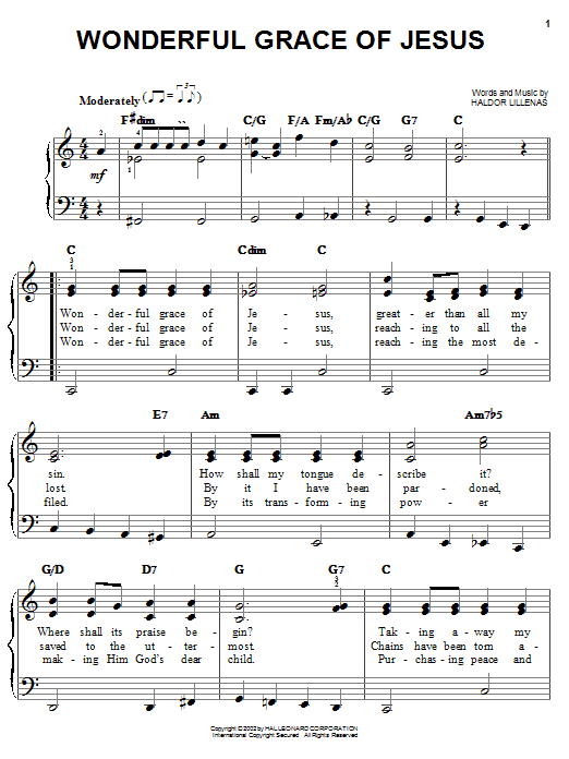 Preview Haldor Lillenas Wonderful Grace Of Jesus Hymn sheet music, notes and chords for Easy Piano, SKU: 19729 sheet music, piano notes, chords, guitar tabs, score, transpose, transcribe, how to play, guide, download, learn, tutorial, progression, song, artist, awards, billboard, mtv, vh1, tour, single, album, release