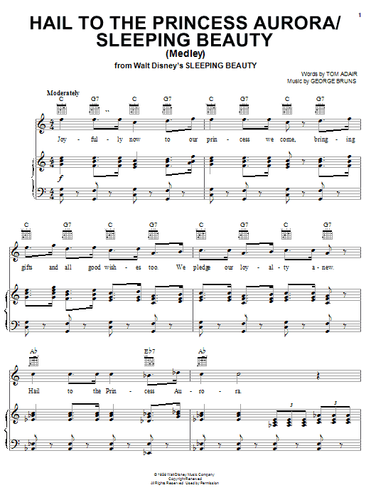 Preview Tom Adair Hail To The Princess Aurora Children sheet music, notes and chords for Piano, Vocal & Guitar (Right-Hand Melody), SKU: 19731 sheet music, piano notes, chords, guitar tabs, score, transpose, transcribe, how to play, guide, download, learn, tutorial, progression, song, artist, awards, billboard, mtv, vh1, tour, single, album, release