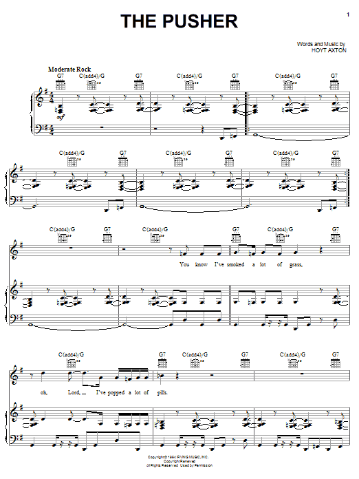 Preview Steppenwolf The Pusher Rock sheet music, notes and chords for Piano, Vocal & Guitar (Right-Hand Melody), SKU: 19738 sheet music, piano notes, chords, guitar tabs, score, transpose, transcribe, how to play, guide, download, learn, tutorial, progression, song, artist, awards, billboard, mtv, vh1, tour, single, album, release