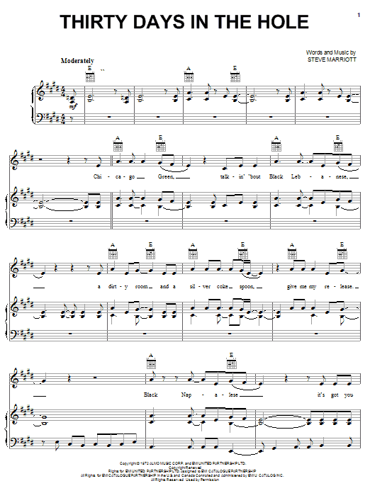 Preview Humble Pie Thirty Days In The Hole Rock sheet music, notes and chords for Piano, Vocal & Guitar (Right-Hand Melody), SKU: 19741 sheet music, piano notes, chords, guitar tabs, score, transpose, transcribe, how to play, guide, download, learn, tutorial, progression, song, artist, awards, billboard, mtv, vh1, tour, single, album, release