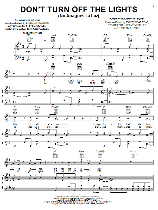 Preview Enrique Iglesias Don't Turn Off The Lights Pop sheet music, notes and chords for Piano, Vocal & Guitar (Right-Hand Melody), SKU: 19757 sheet music, piano notes, chords, guitar tabs, score, transpose, transcribe, how to play, guide, download, learn, tutorial, progression, song, artist, awards, billboard, mtv, vh1, tour, single, album, release