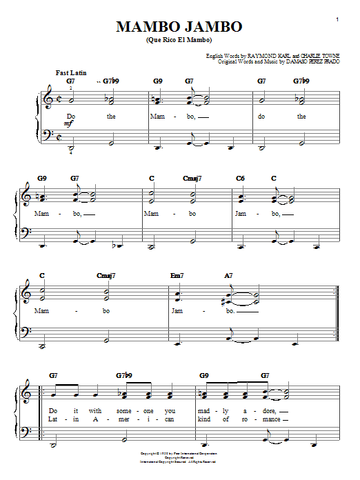 Preview Perez Prado Mambo Jambo (Que Rico El Mambo) Jazz sheet music, notes and chords for Easy Piano, SKU: 19758 sheet music, piano notes, chords, guitar tabs, score, transpose, transcribe, how to play, guide, download, learn, tutorial, progression, song, artist, awards, billboard, mtv, vh1, tour, single, album, release