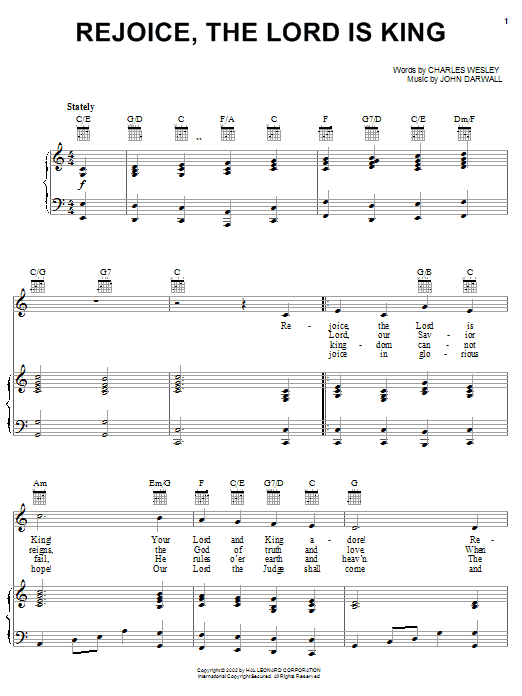 Preview Charles Wesley Rejoice, The Lord Is King Hymn sheet music, notes and chords for Piano, Vocal & Guitar (Right-Hand Melody), SKU: 19761 sheet music, piano notes, chords, guitar tabs, score, transpose, transcribe, how to play, guide, download, learn, tutorial, progression, song, artist, awards, billboard, mtv, vh1, tour, single, album, release