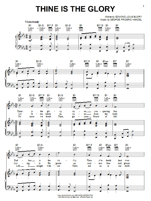 Preview Edmund Louis Budry Thine Is The Glory Hymn sheet music, notes and chords for Piano, Vocal & Guitar (Right-Hand Melody), SKU: 19770 sheet music, piano notes, chords, guitar tabs, score, transpose, transcribe, how to play, guide, download, learn, tutorial, progression, song, artist, awards, billboard, mtv, vh1, tour, single, album, release