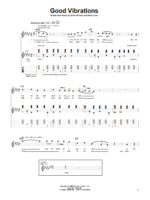 Preview The Beach Boys Good Vibrations Rock sheet music, notes and chords for Guitar Tab, SKU: 19782 sheet music, piano notes, chords, guitar tabs, score, transpose, transcribe, how to play, guide, download, learn, tutorial, progression, song, artist, awards, billboard, mtv, vh1, tour, single, album, release