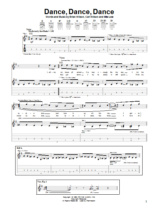 Preview The Beach Boys Dance, Dance, Dance Pop sheet music, notes and chords for Guitar Tab, SKU: 19786 sheet music, piano notes, chords, guitar tabs, score, transpose, transcribe, how to play, guide, download, learn, tutorial, progression, song, artist, awards, billboard, mtv, vh1, tour, single, album, release