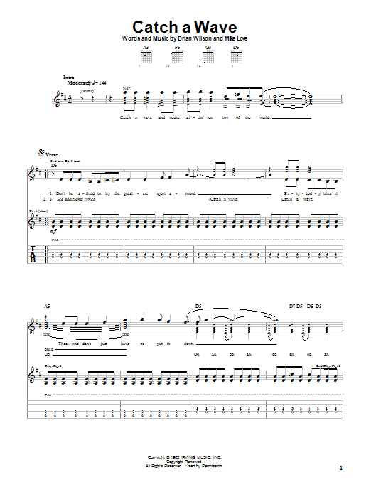 Preview The Beach Boys Catch A Wave Pop sheet music, notes and chords for Guitar Tab, SKU: 19788 sheet music, piano notes, chords, guitar tabs, score, transpose, transcribe, how to play, guide, download, learn, tutorial, progression, song, artist, awards, billboard, mtv, vh1, tour, single, album, release