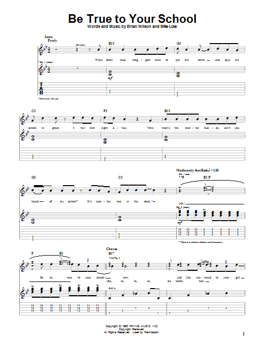 Preview The Beach Boys Be True To Your School Pop sheet music, notes and chords for Guitar Tab, SKU: 19790 sheet music, piano notes, chords, guitar tabs, score, transpose, transcribe, how to play, guide, download, learn, tutorial, progression, song, artist, awards, billboard, mtv, vh1, tour, single, album, release