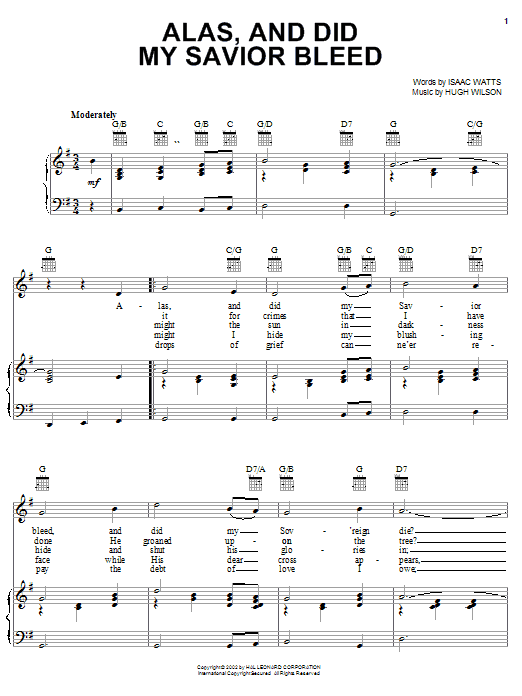 Preview Isaac Watts Alas, And Did My Savior Bleed Hymn sheet music, notes and chords for Piano, Vocal & Guitar (Right-Hand Melody), SKU: 19819 sheet music, piano notes, chords, guitar tabs, score, transpose, transcribe, how to play, guide, download, learn, tutorial, progression, song, artist, awards, billboard, mtv, vh1, tour, single, album, release