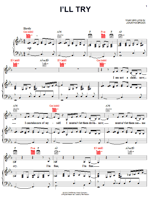 Preview Jonatha Brooke I'll Try (from Peter Pan: Return To Neverland) Film and TV sheet music, notes and chords for Piano, Vocal & Guitar (Right-Hand Melody), SKU: 19828 sheet music, piano notes, chords, guitar tabs, score, transpose, transcribe, how to play, guide, download, learn, tutorial, progression, song, artist, awards, billboard, mtv, vh1, tour, single, album, release