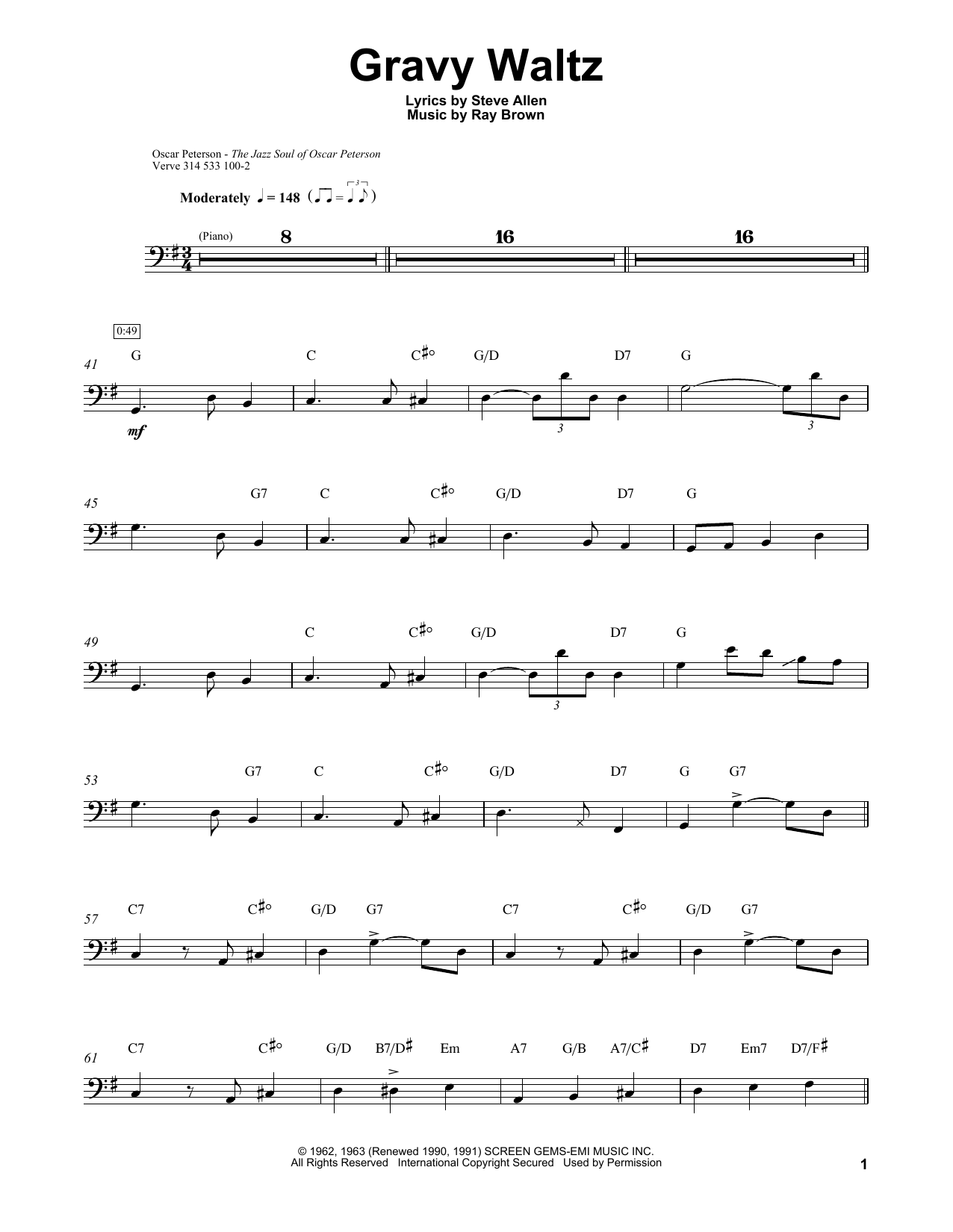 Preview Ray Brown Gravy Waltz Jazz sheet music, notes and chords for Bass Transcription, SKU: 198313 sheet music, piano notes, chords, guitar tabs, score, transpose, transcribe, how to play, guide, download, learn, tutorial, progression, song, artist, awards, billboard, mtv, vh1, tour, single, album, release