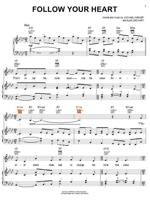 Preview Alan Zachary Follow Your Heart Pop sheet music, notes and chords for Piano, Vocal & Guitar (Right-Hand Melody), SKU: 19831 sheet music, piano notes, chords, guitar tabs, score, transpose, transcribe, how to play, guide, download, learn, tutorial, progression, song, artist, awards, billboard, mtv, vh1, tour, single, album, release
