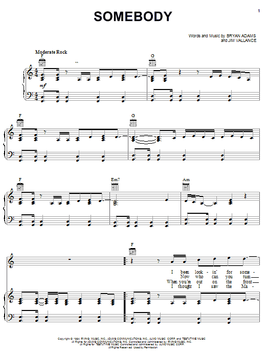 Preview Bryan Adams Somebody Rock sheet music, notes and chords for Piano, Vocal & Guitar (Right-Hand Melody), SKU: 19837 sheet music, piano notes, chords, guitar tabs, score, transpose, transcribe, how to play, guide, download, learn, tutorial, progression, song, artist, awards, billboard, mtv, vh1, tour, single, album, release