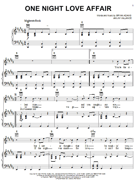 Preview Bryan Adams One Night Love Affair Pop sheet music, notes and chords for Piano, Vocal & Guitar (Right-Hand Melody), SKU: 19838 sheet music, piano notes, chords, guitar tabs, score, transpose, transcribe, how to play, guide, download, learn, tutorial, progression, song, artist, awards, billboard, mtv, vh1, tour, single, album, release