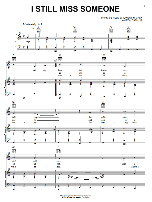 Preview Johnny Cash I Still Miss Someone Pop sheet music, notes and chords for Piano, Vocal & Guitar (Right-Hand Melody), SKU: 19858 sheet music, piano notes, chords, guitar tabs, score, transpose, transcribe, how to play, guide, download, learn, tutorial, progression, song, artist, awards, billboard, mtv, vh1, tour, single, album, release