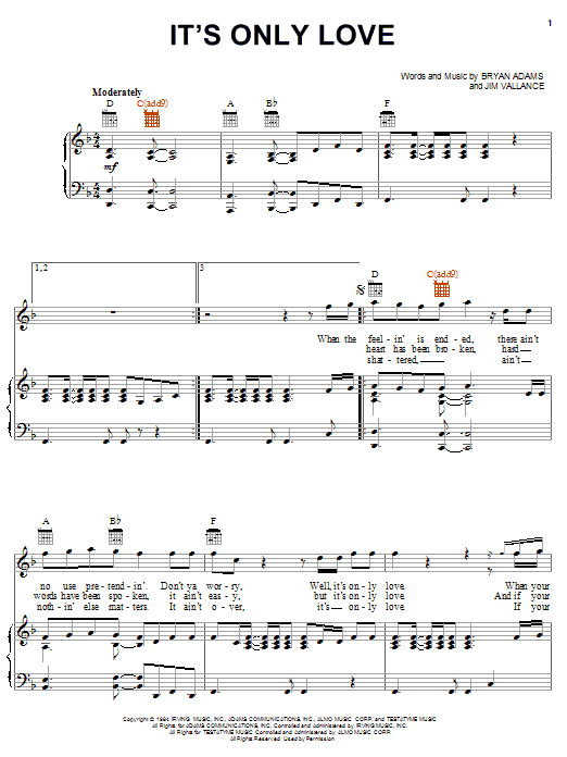 Preview Bryan Adams It's Only Love Rock sheet music, notes and chords for Piano, Vocal & Guitar (Right-Hand Melody), SKU: 19875 sheet music, piano notes, chords, guitar tabs, score, transpose, transcribe, how to play, guide, download, learn, tutorial, progression, song, artist, awards, billboard, mtv, vh1, tour, single, album, release