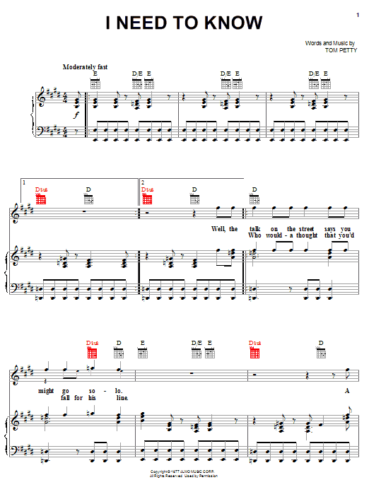 Preview Tom Petty And The Heartbreakers I Need To Know Rock sheet music, notes and chords for Piano, Vocal & Guitar (Right-Hand Melody), SKU: 19887 sheet music, piano notes, chords, guitar tabs, score, transpose, transcribe, how to play, guide, download, learn, tutorial, progression, song, artist, awards, billboard, mtv, vh1, tour, single, album, release