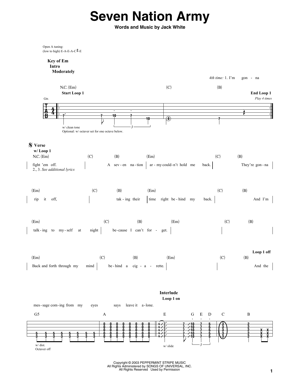 White Stripes Seven Nation Army Sheet Music Notes Chords