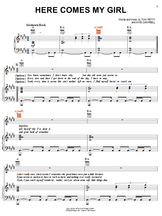 Preview Tom Petty And The Heartbreakers Here Comes My Girl Rock sheet music, notes and chords for Piano, Vocal & Guitar (Right-Hand Melody), SKU: 19890 sheet music, piano notes, chords, guitar tabs, score, transpose, transcribe, how to play, guide, download, learn, tutorial, progression, song, artist, awards, billboard, mtv, vh1, tour, single, album, release